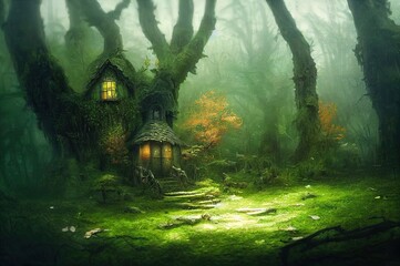 Wall Mural - Magical fantasy fairy tale scenery of tree house at night in a forest