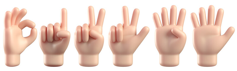 3d cartoon hands showing numbers from zero to five, countdown hand gestures 3d rendering