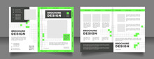 Futuristic Business Solutions Bifold Brochure Template Design. Marketing Material With QR Code. Half Fold Booklet Mockup Set With Copy Space For Text. Editable 2 Paper Page Leaflets. Arial Font Used