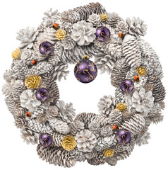 Wall Mural - beautiul white christmas door wreath with gold and purple decoration isolated