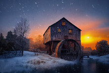 Water Mill At Sunset On A Wintry Evening 