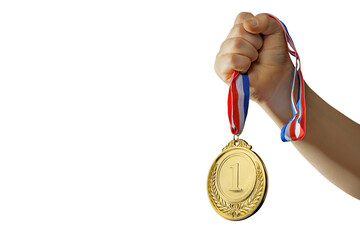 woman hand raised, holding gold medal on isolated free png background award and victory concept