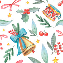 Watercolor Seamless Christmas Pattern With Jingle Bells, Leaves, Omela Branches, Toys And Berries. Traditional Elements Of New Year Eve. 