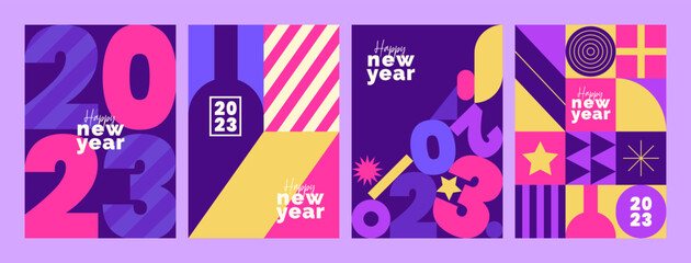 Happy new year 2023 card set. Covers, invitations, greeting cards or posters design. Vector illustrations in modern abstract style for celebrations.