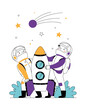 Happy boys play together and fantasize about flying into space on a rocket. Children friends cartoon characters playing astronauts. Flat line vector illustration