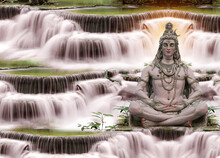 3D Wallpaper , Waterfall Background With Oil Painting Lord Shiva For Home Decoration