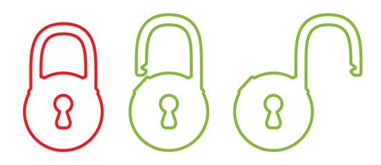 Wall Mural - Red, green open, closed round lock set. Padlock outline icon to use in design projects for IT, password protection, cyberspace, internet security, privacy, webdesign. 