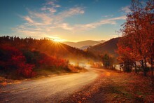 Empty Road Surrounded By Colorful Trees And Hills Autumn Landscape