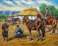 Oil Paintings Landscape, Fine Art, Rural Landscape. Cossacks On Horses 