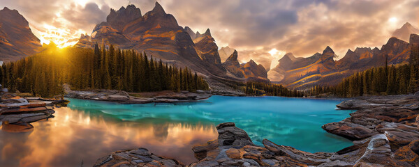 Moraine lake panorama in Banff National Park, Alberta, Canada. Moraine lake wihh reflection at sunset
