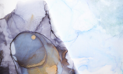  Alcohol ink abstract background. Blue golden luxury acrylic paint in water. Texture of marble. Print pattern