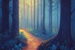 Magical fairy tale forest landscape background with a footpath and light