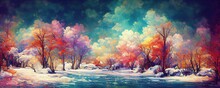 Magical Winter Landscape Scene With Colorful Trees