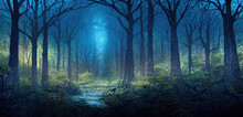 Magical Fairy Tale Forest Landscape Background With Babbbling Brook