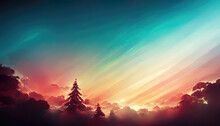 Magical Winter Landscape Scene With Colorful Clouds And Trees