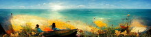 Woman Sit In Boat At Sea Summer Sunny Nature Landscape Impressionism Art Painting  Banner