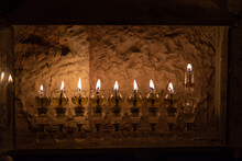 A Hanukkah Menorah In Jerusalem, Israel, Where It Is Traditional To Burn Oil In Small Glass Vials Instead Of Wax Candles To Mark The Celebration Of The Festival Of Lights.