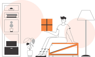 Wall Mural - The man is holding a parcel. Parcel delivery concept. Linear trendy style.