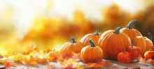 A Group Of Pumpkins Sitting On Top Of A Table, Breathtaking Thanksgiving Abstract Background Wallpaper.
