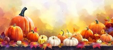 Pumpkins On Top Of A Table, Breathtaking Thanksgiving Paint Autumn Abstract Banner Background Wallpaper. Graphic.