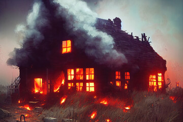 Wall Mural - a burning house with smoke, illustration