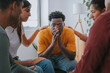 Sad African American guy get psychological support of counselor therapist - Social issue and racism concept