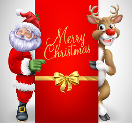 Cartoon Santa Claus or Father Christmas and his reindeer peeking around a sign and pointing