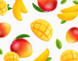 Mango fall realistic vector. Fruit mango slices on transparent background.