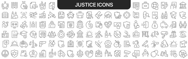Justice icons collection in black. Icons big set for design. Vector linear icons