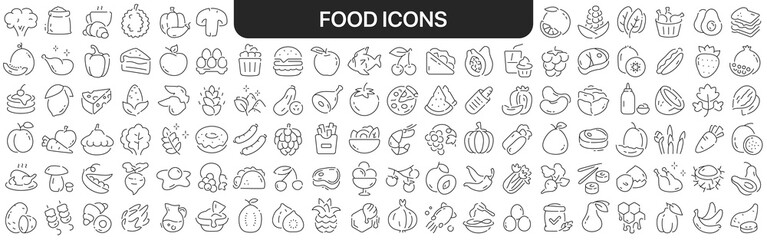 Food icons collection in black. Icons big set for design. Vector linear icons