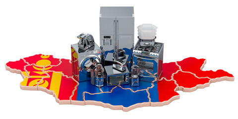 Canvas Print - Kitchen and household appliance on the map of Mongolia. Production, shopping and delivery concept. 3D rendering