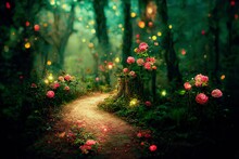 Beautiful Enchanted Forest Landscape In Spring With Pathway In Digital Art 3D Illustration. Spectacular Red And Pink Flower With Shimmering Bokeh Environment Under Tree Canopy In The Morning Or Dawn.