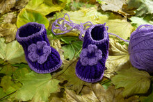 A Pair Of Knitted Children's Shoes In Blue And Lilac On Yellow Autumn Leaves