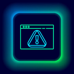 Poster - Glowing neon line Browser with exclamation mark icon isolated on black background. Alert message smartphone notification. Colorful outline concept. Vector