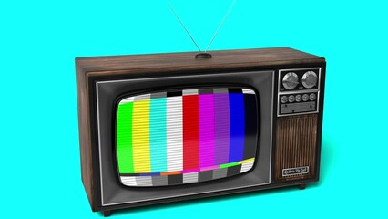 Poster - Vintage wooden TV receiver with green screen isolated on blue background - 3D 4k animation (3840x2160 px).