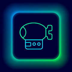 Sticker - Glowing neon line Airship icon isolated on black background. Colorful outline concept. Vector