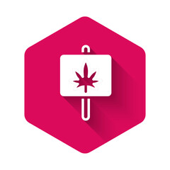 Sticker - White Medical marijuana or cannabis leaf icon isolated with long shadow background. Hemp symbol. Pink hexagon button. Vector