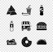 Set Nachos, Soda And Hotdog, Bottle Of Water, Taco With Tortilla, Donut, And Fast Street Food Cart Icon. Vector
