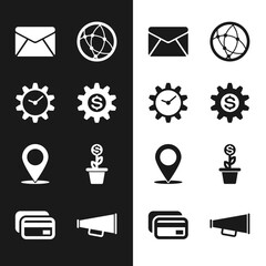 Sticker - Set Gear with dollar symbol, Time Management, Envelope, Social network, Map pin and Dollar plant the pot icon. Vector