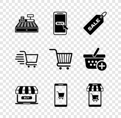 Sticker - Set Cash register machine, Mobile and shopping cart, Price tag with Sale, Online, Shopping and icon. Vector