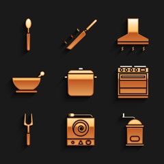 Canvas Print - Set Cooking pot, Electric stove, Manual coffee grinder, Oven, Barbecue fork, Mortar and pestle, Kitchen extractor fan and Spoon icon. Vector