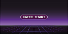 Vector Illustration Of A Purple Retrowave Background With Neon Perspective Grid And Press Start Button Floating Above. Vector Illustration