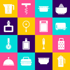 Wall Mural - Set Teapot, Grater, Toaster, Cooking, Frying pan, Sauce bottle, Measuring cup and Cutting board icon. Vector