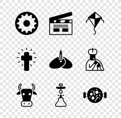 Sticker - Set Chakra, Bollywood indian cinema, Kite, Cow, Hookah, Chicken tikka masala, Christian cross and Indian headgear turban icon. Vector