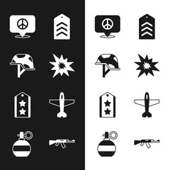 Canvas Print - Set Bomb explosion, Military helmet, Location peace, Chevron, rank, Plane, Submachine gun and Hand grenade icon. Vector