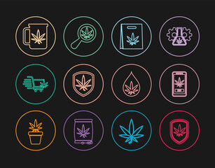 Poster - Set line Shield and marijuana, Online buying, Shopping bag of, cart with, Cup tea, Marijuana or cannabis leaf oil and Magnifying glass icon. Vector