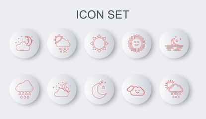 Sticker - Set line Cloud with rain and sun, Sun, moon stars, and Moon icon. Vector