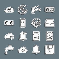 Canvas Print - Set line Floppy disk, Hard drive HDD, Social media inbox, Water tap, Dead mobile, Stereo speaker, Cloud database and Telephone 24 hours support icon. Vector