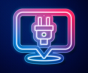 Poster - Glowing neon line Electric plug icon isolated on blue background. Concept of connection and disconnection of the electricity. Vector