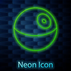 Poster - Glowing neon line Planet icon isolated on brick wall background. Vector